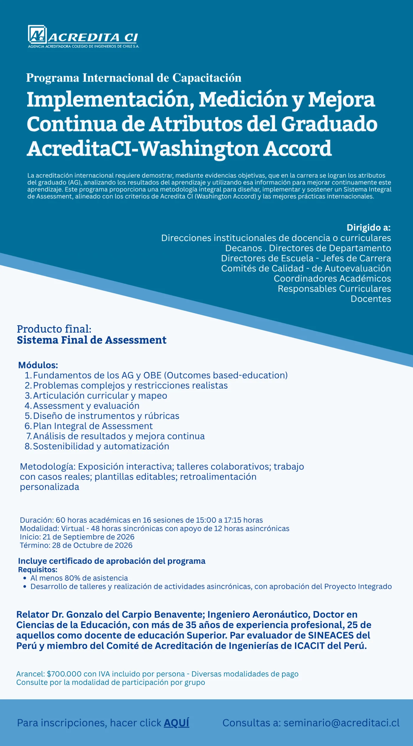 Flyer del Programa Internacional de Capacitación: Implementación, Medición y Mejora Continua de Atributos del Graduado AcreditaCI-Washington Accord